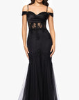 "Miranda" Mesh Off the Shoulder Applique Floor Length Dress
