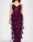 "Jonnie" Printed Mesh Ruffle Floor Length Dress