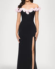 "Talia" Long Scuba Crepe Off the Shoulder Ruffle Dress