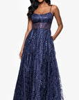 "Mona" Glitter Illusion Lace Up Floor Length Dress
