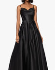 "Felicity" Satin Drape Neck Applique Floor Length Dress