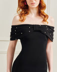 "Ivanna" Scuba Crepe Off the Shoulder Embellished Short Dress