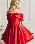"Lucy" Satin Off Shoulder Rhinestone Embellished Short Dress
