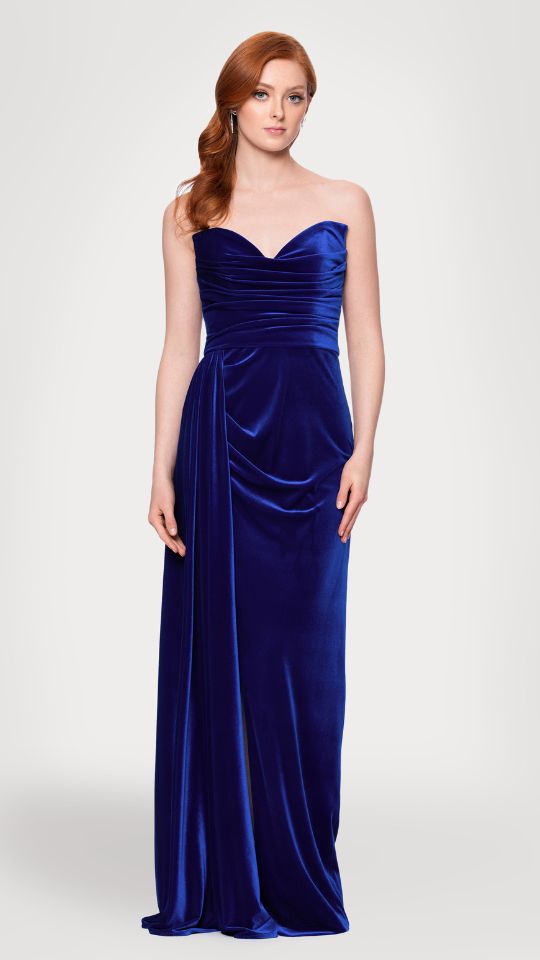 Blondie Nites "Angela" Velvet Strapless Draped Skirt Floor Length Dress