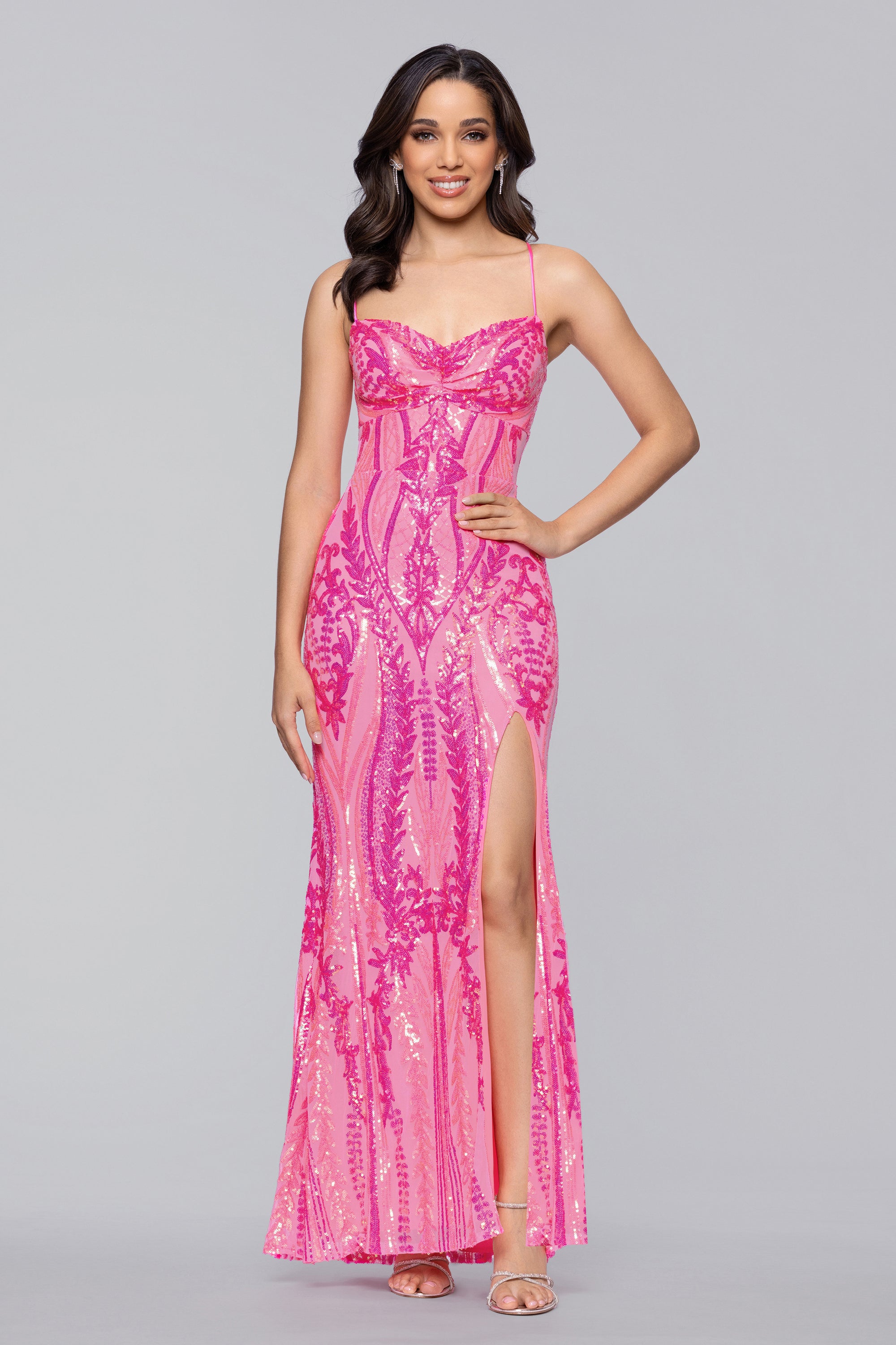 Blondie Nites "Elena" Sequin Pattern Cross Back Floor Length Dress