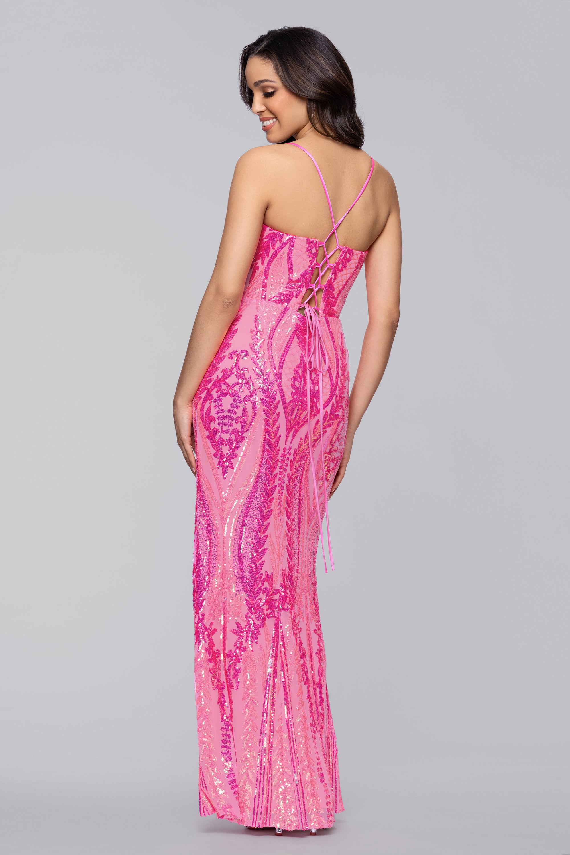 Blondie Nites "Elena" Sequin Pattern Cross Back Floor Length Dress