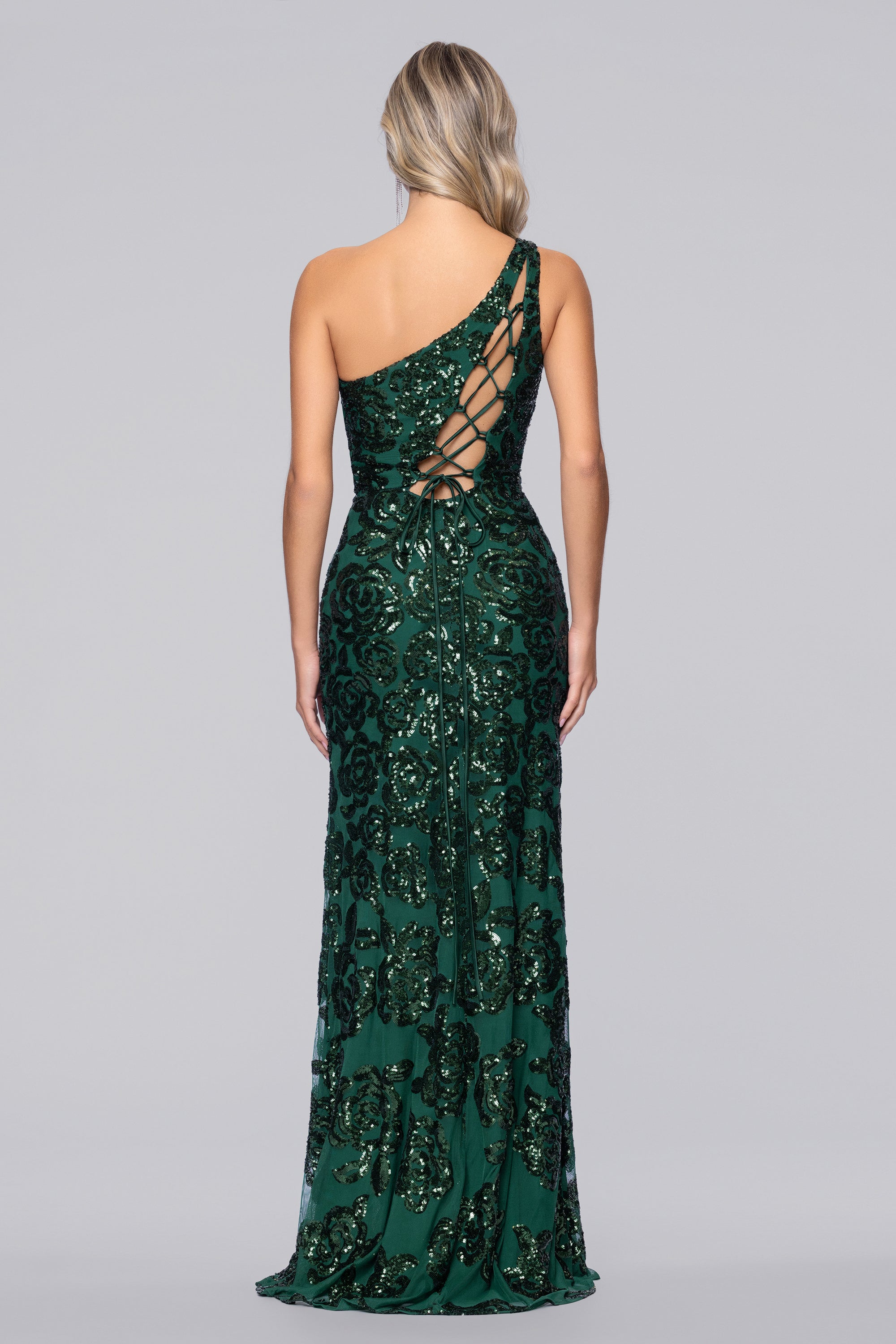 Blondie Nites "Lyra" Sequin Rose Pattern One Shoulder Floor Length Dress