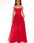 "Mona" Glitter Illusion Lace Up Floor Length Dress