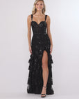 "Tinsley" Sequin and Lace Tiered Floor Length Dress