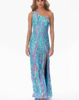 "Terri" Long Placement Sequin One Shoulder Dress