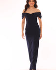 Blondie Nites "Taylor" Scuba Crepe Off the Shoulder Satin Sleeves Floor Length Dress
