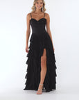 "Clara" Chiffon Tiered Drop Neck Applique Floor Length Dress