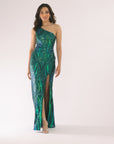 "Terri" Long Placement Sequin One Shoulder Dress