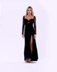 "Valerie" Sheer Long Sleeve Floor Length Velvet Dress
