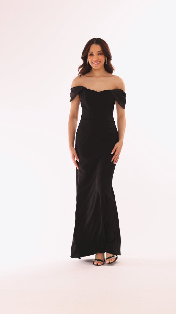 Blondie Nites "Taylor" Scuba Crepe Off the Shoulder Satin Sleeves Floor Length Dress