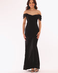 Blondie Nites "Taylor" Scuba Crepe Off the Shoulder Satin Sleeves Floor Length Dress