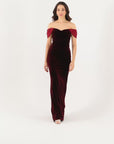 "Julie" Long Velvet Off Shoulder Satin Dress