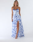 "Lizzie" Printed Chiffon Corset Tiered Floor Length Dress