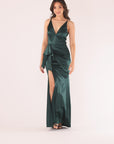 Blondie Nites "Robin" Long Satin V-Neck Ruffle Dress