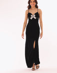 "Layla" Velvet Bow Embellished Sleeveless Floor Length Dress