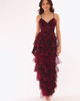 "Jonnie" Printed Mesh Ruffle Floor Length Dress