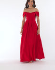 "Laurel" Satin Off Shoulder Floor Length Dress