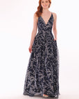 "Shayla" Caviar Glitter V-Neck Tieback Floor Length Dress