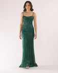 "Tracy" Glitter Drape Neck Floor Length Dress