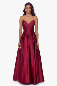  "Sam" Long Satin V-Neck Lace Up Ballgown