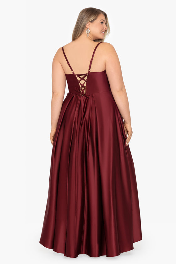 Plus "Sam" Long Satin V-Neck Lace Up Ballgown