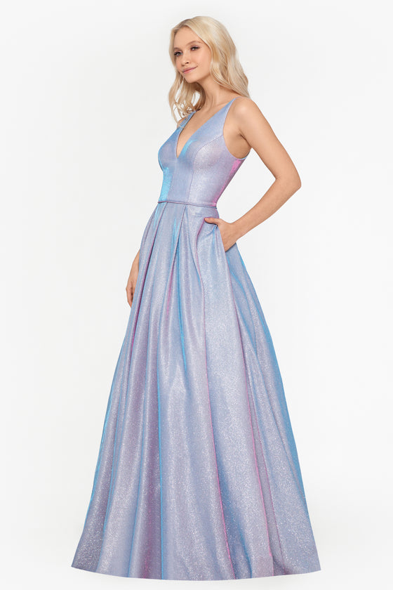 "Karlie" Long Metallic Plunge Ball Gown