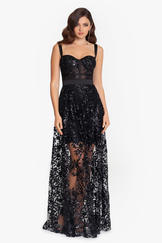 "Tess" Long Corset Sequin Embroidery Mesh Dress