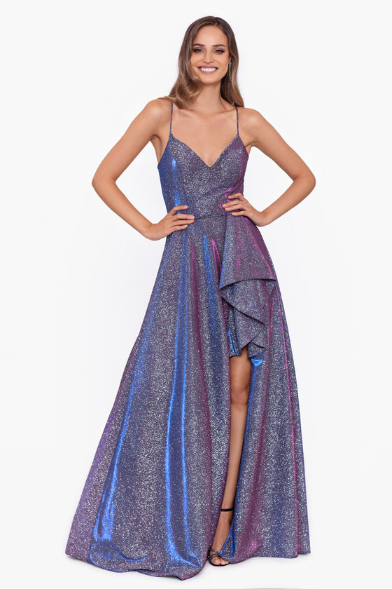 "Katana" Long Metallic Cross Tie Back Dress