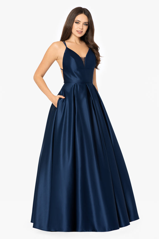 "Evie" Long Satin X- Strap Ball Gown