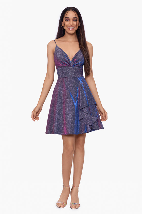 "Nyala" Short V-Neck Metallic Ruffle Party Dress